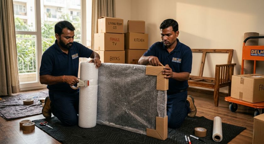Professional packers and movers carefully packing household items including furniture and appliances for Delhi to Vadodara house shifting