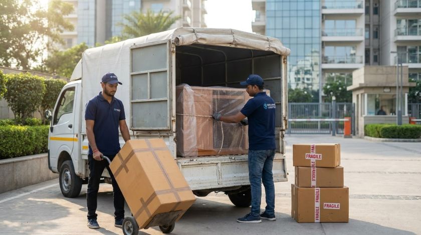 Packers and movers loading packed boxes and furniture into a truck for Gurgaon to Agra house shifting