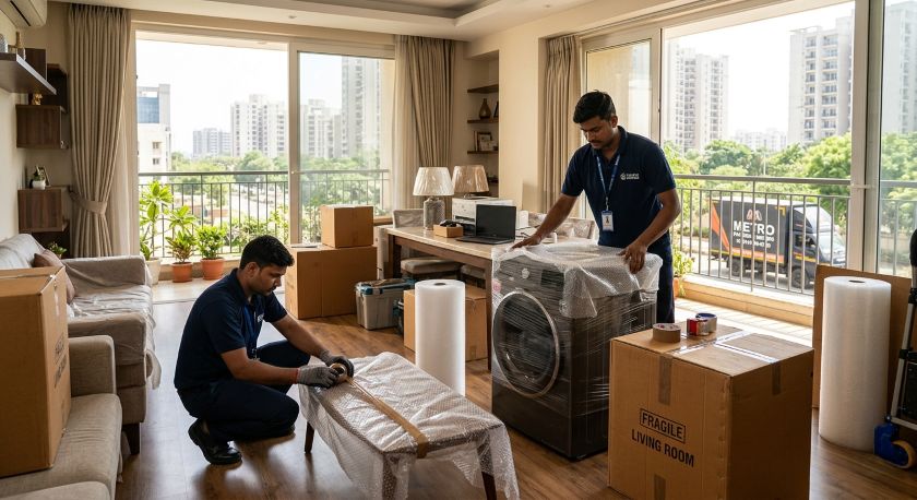 Professional packers and movers carefully packing furniture and appliances in a Gurgaon apartment for relocation to Ahmedabad