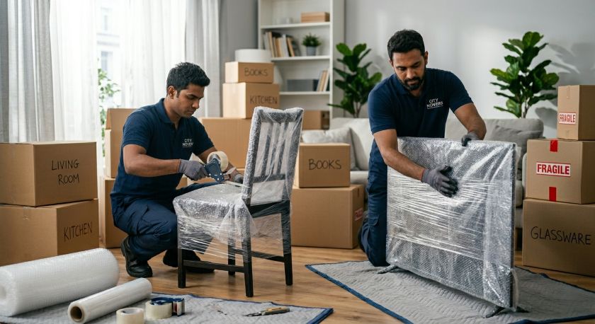 Movers wrapping furniture and loading boxes onto a truck for Gurgaon to Bangalore long-distance house shifting