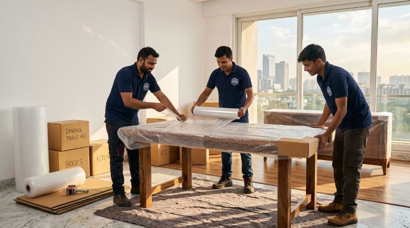 Professional movers in Gurgaon carefully wrapping and crating household furniture and appliances for long-distance shifting to Chennai