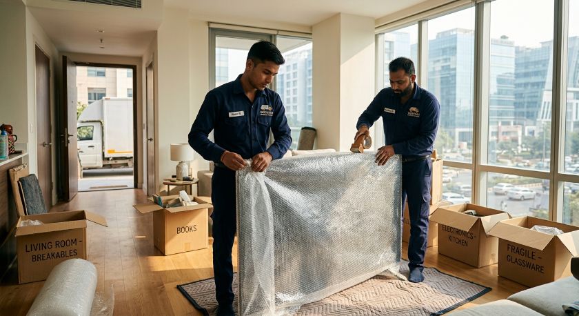 Professional movers carefully wrapping and loading household furniture and appliances into a tempo truck for a Gurgaon to Delhi home relocation