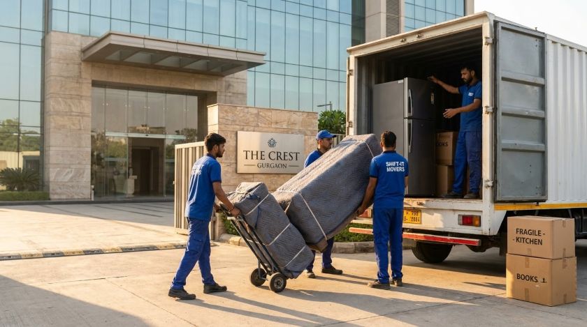 Packers and movers loading wrapped furniture and packed cartons into a truck for Gurgaon to Ghaziabad house shifting