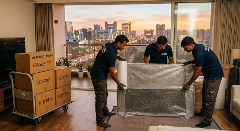 Professional packers and movers wrapping household goods and appliances carefully for Gurgaon to Hyderabad home relocation