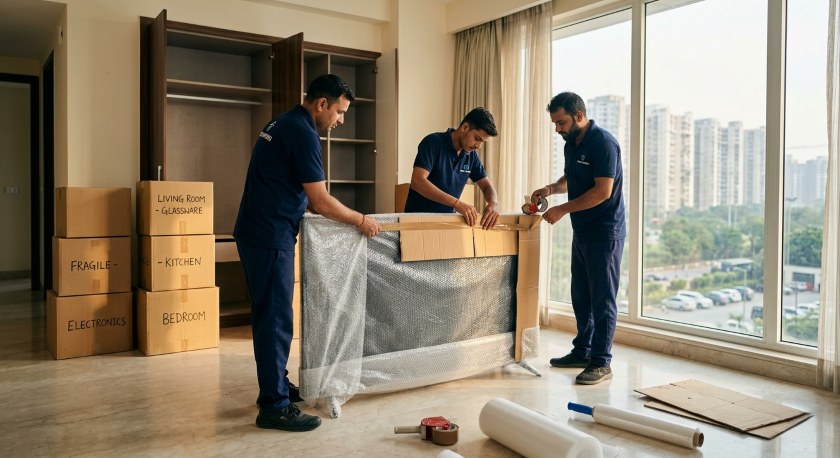 Professional movers in blue uniforms carefully wrapping household items with bubble wrap for Gurgaon to Kolkata house shifting