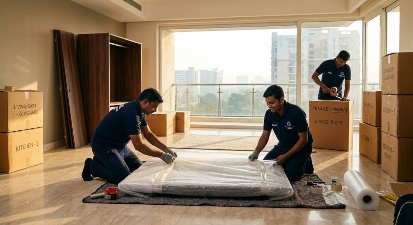 Professional movers carefully wrapping and packing household furniture and appliances for a long-distance Gurgaon to Mumbai relocation