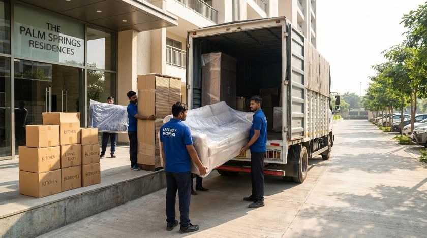 Professional packers and movers carefully wrapping furniture and stacking labelled cartons into a covered truck for Gurgaon to Navi Mumbai house shifting