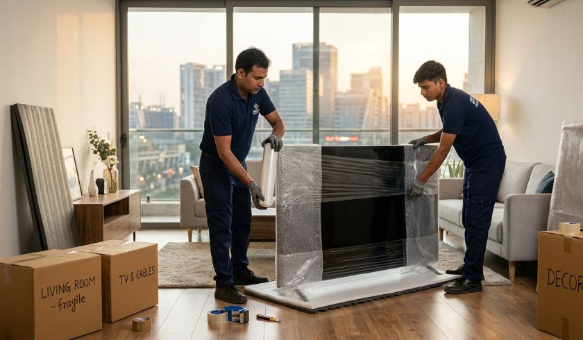 Professional packers and movers carefully packing household goods and appliances for Gurgaon to Noida house shifting inside a modern apartment