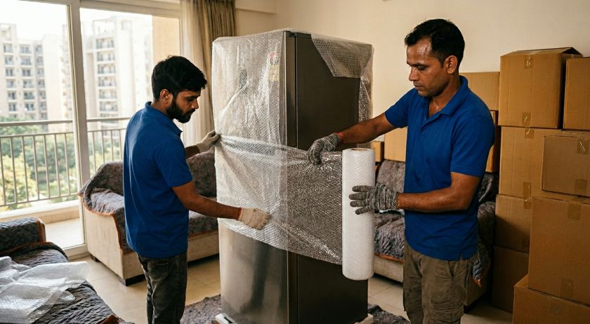 Uniformed relocation crew wrapping and boxing household goods including appliances and furniture inside a Gurgaon apartment for a long-distance move to Vadodara