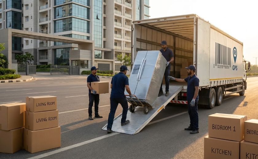 Movers packing and loading household goods onto a covered truck for Hyderabad to Agra long-distance house shifting