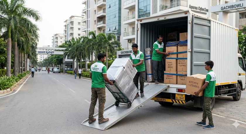 Experienced packers and movers in Hyderabad carefully wrapping and loading household furniture and appliances onto a GPS-tracked truck for long-distance relocation to Ahmedabad