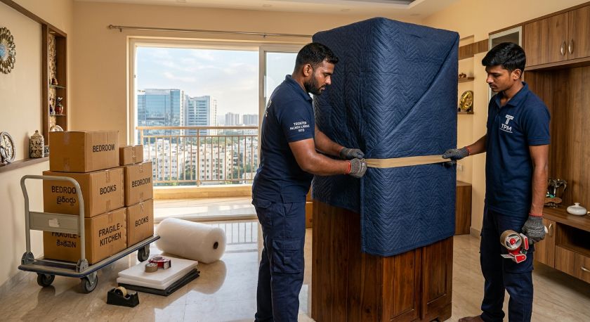Professional packers and movers carefully wrapping and boxing household furniture and appliances for Hyderabad to Bangalore house shifting