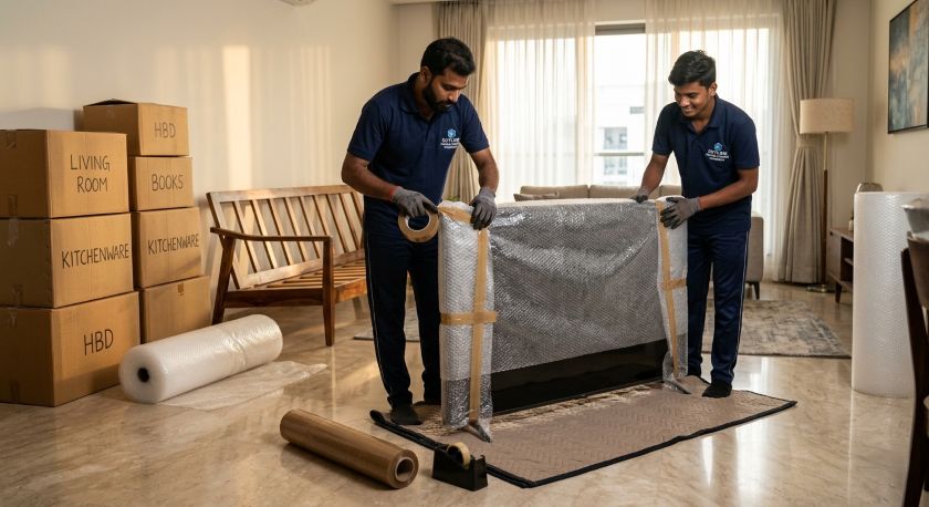 Professional packers and movers in Hyderabad carefully wrapping and packing household furniture and appliances for long-distance shifting to Delhi