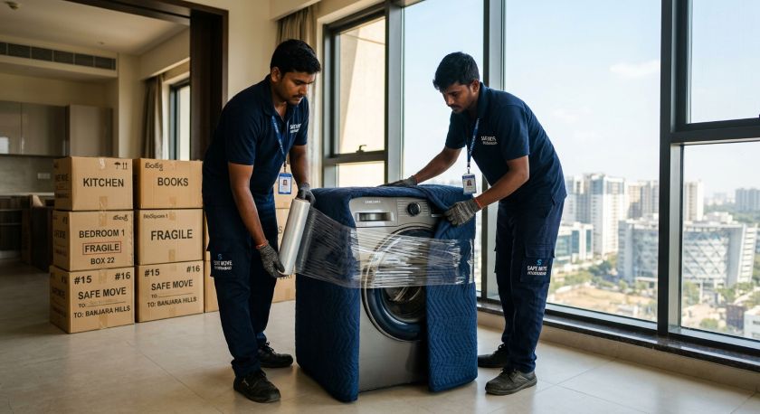 Uniformed relocation professionals bubble-wrapping electronics and packing labelled cartons for a long-distance Hyderabad to Gurgaon household shift