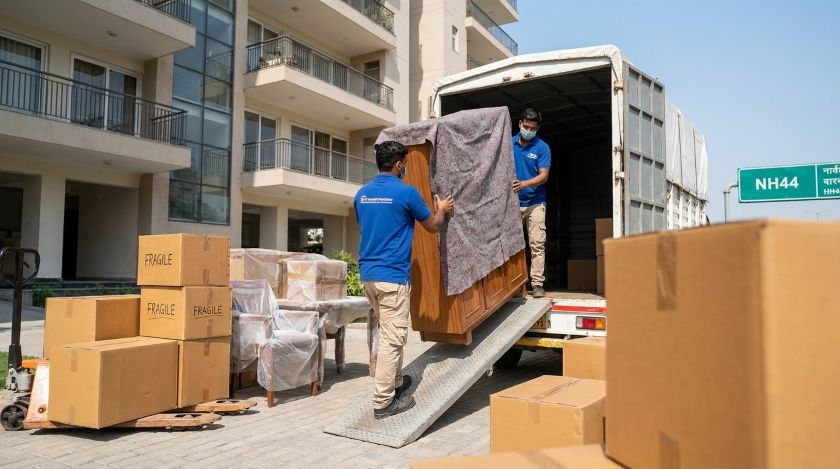 Packers and movers loading a covered truck with packed household goods for Hyderabad to Hosur relocation