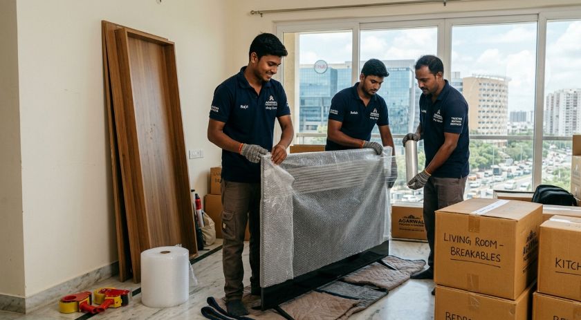 Professional packers and movers carefully packing household appliances and furniture for Hyderabad to Kolkata long-distance home shifting