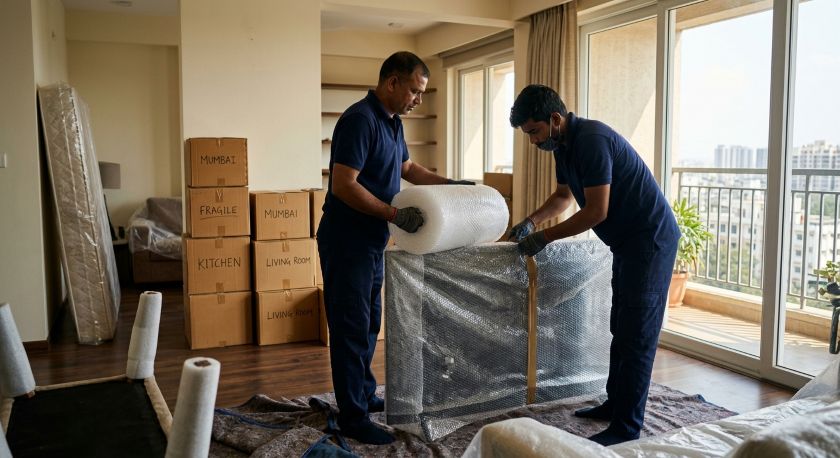 Professional movers carefully wrapping and packing household appliances and furniture for Hyderabad to Mumbai house shifting