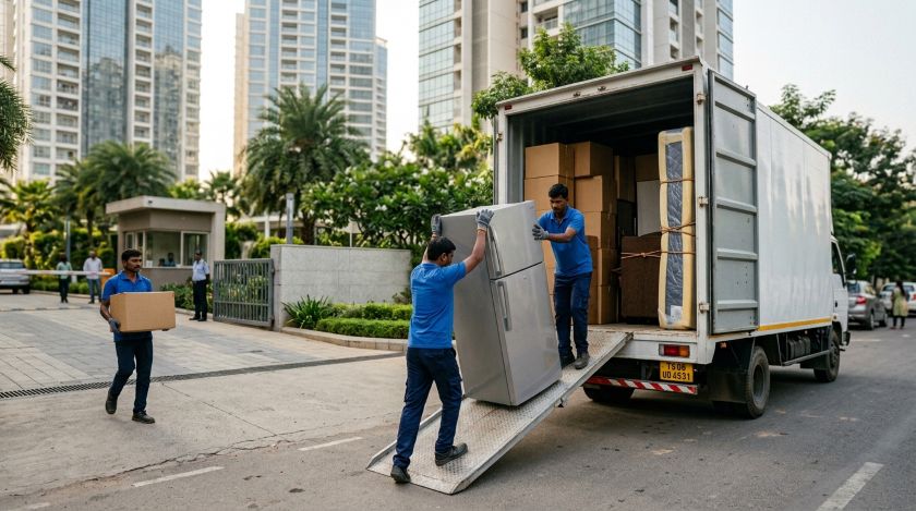 Verified packers and movers loading a covered truck with packed household goods for Hyderabad to Mysore intercity shifting