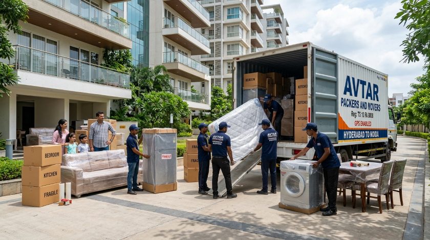 Professional packers and movers carefully wrapping and loading household furniture and appliances for Hyderabad to Noida long-distance house shifting