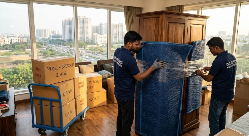 Professional packers and movers wrapping furniture and packing household goods carefully for Hyderabad to Pune home shifting