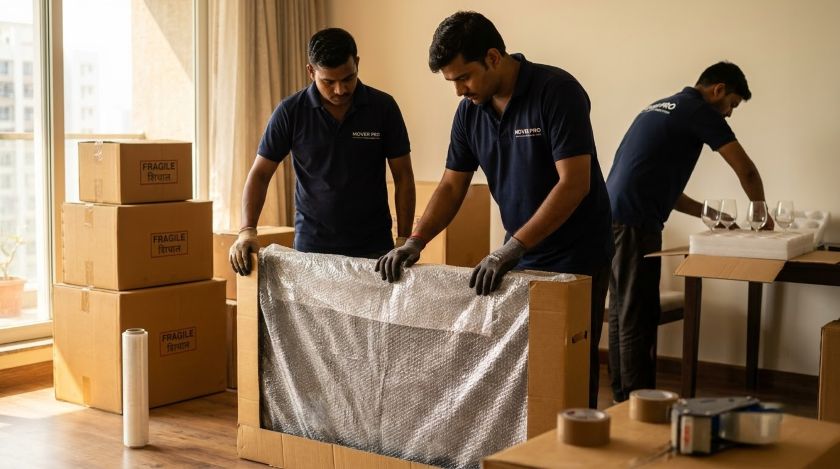 Movers carefully wrapping furniture and electronics for a Hyderabad to Thane household relocation