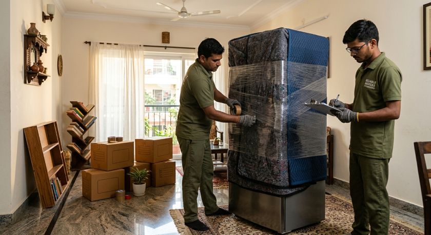 Professional packers carefully wrapping and securing household furniture and appliances for Hyderabad to Vadodara long-distance relocation