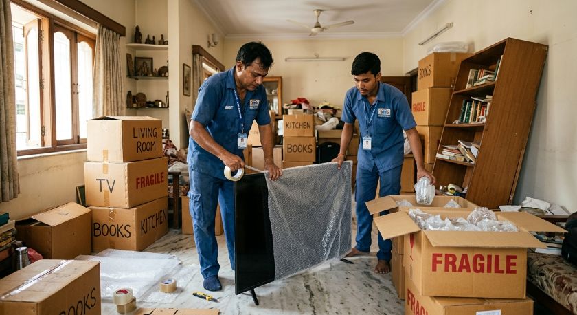 Verified packers and movers wrapping furniture and electronics in bubble wrap for a Kolkata to Ahmedabad long-distance house shift