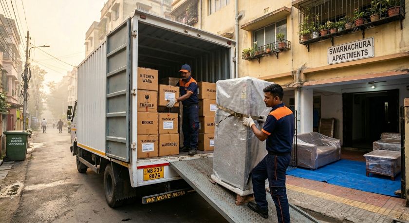 Experienced packers wrapping furniture and boxing household items for a Kolkata to Bangalore long-distance home relocation