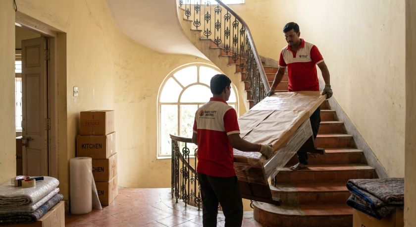 Professional packers and movers securing and labeling packed household cartons and wrapped furniture for Kolkata to Chennai long-distance home shifting