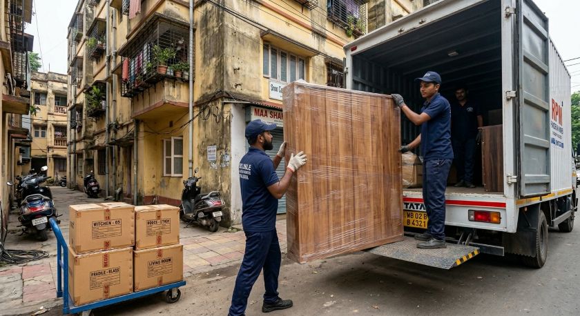 Verified packers and movers in uniform wrapping furniture and loading sealed boxes onto a truck for Kolkata to Delhi long-distance home shifting