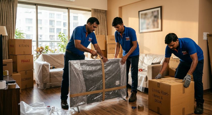 Skilled relocation crew carefully wrapping and boxing household belongings including appliances and furniture for a Kolkata to Gurgaon long-distance home move