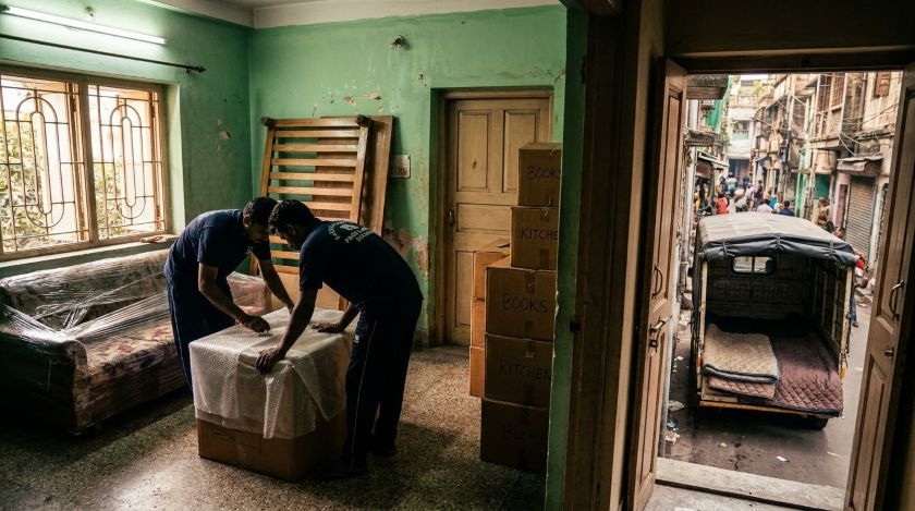 Packers and movers carefully wrapping and loading household goods onto a covered truck for the Kolkata to Guwahati house shifting route