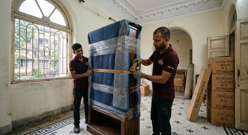 Professional packers in Kolkata wrapping wooden furniture with moving blankets for long-distance home shifting to Hyderabad