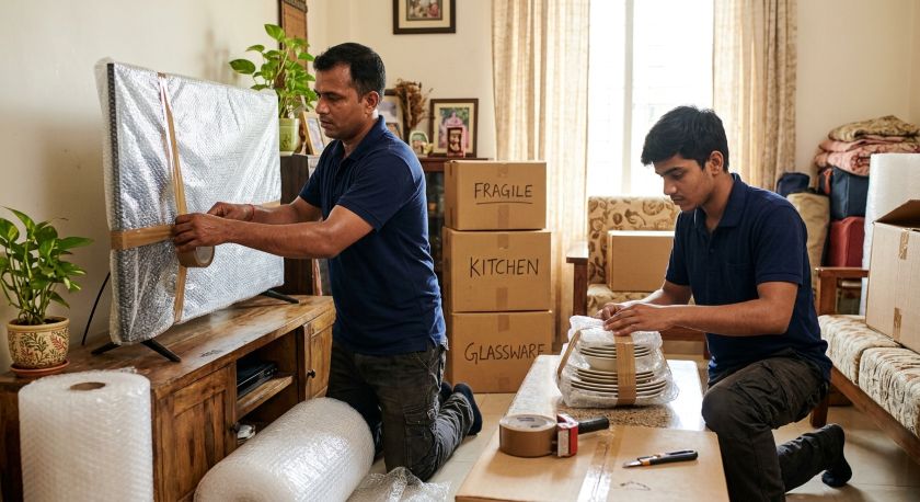 Skilled moving crew wrapping electronics and fragile decor items for a Kolkata to Mumbai household relocation