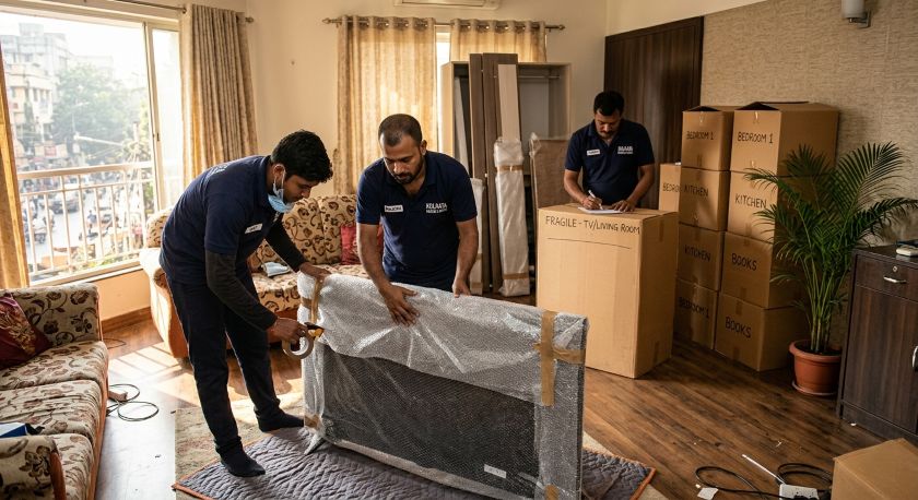 Professional packers wrapping and boxing household furniture and appliances at a Kolkata home for long-distance shifting to Noida
