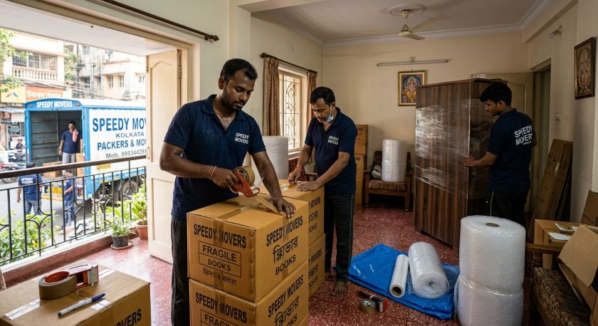 Packing crew sealing labeled moving boxes and wrapping furniture for a Kolkata to Pune long-distance household relocation