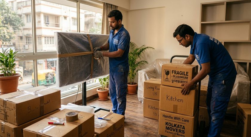 Professional packers and movers carefully wrapping furniture and electronics for Kolkata to Vadodara house shifting