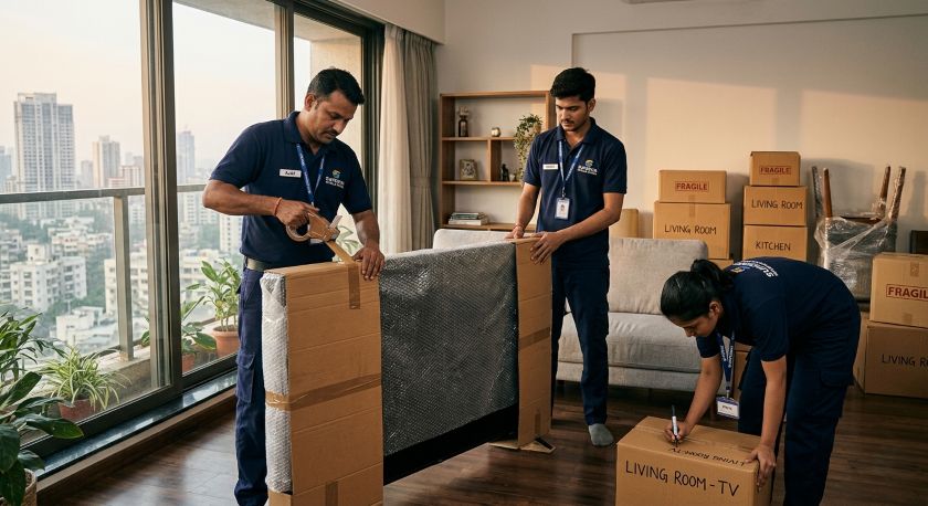 Professional packers and movers carefully wrapping household furniture and appliances for Mumbai to Ahmedabad house shifting