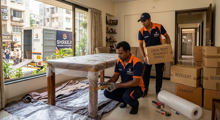 Movers wrapping furniture and loading boxes onto a truck for Mumbai to Bangalore house relocation