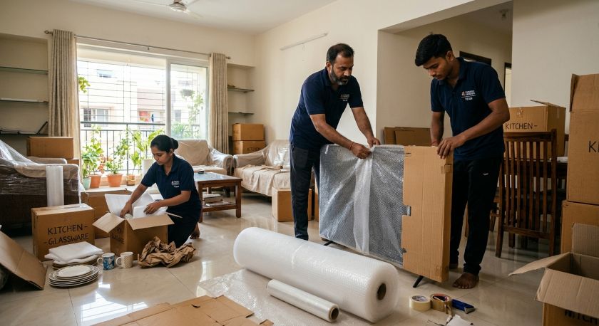 Moving crew wrapping furniture and securing electronics in protective packaging for a Mumbai to Chennai household relocation