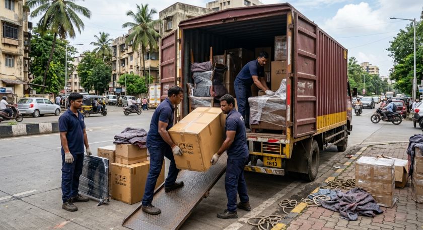 Professional packers and movers carefully packing household furniture and appliances for Mumbai to Delhi house shifting