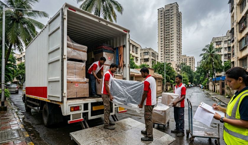 Uniformed packers and movers professionally packing and wrapping household furniture for a Mumbai to Gurgaon long-distance home shifting move