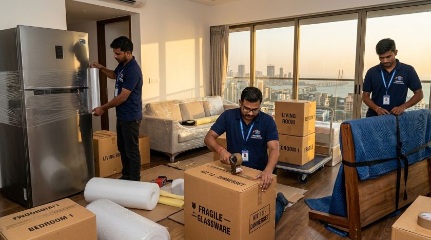 Professional movers in branded uniforms carefully packing and wrapping household furniture and appliances inside a Mumbai apartment for long-distance shifting to Hyderabad
