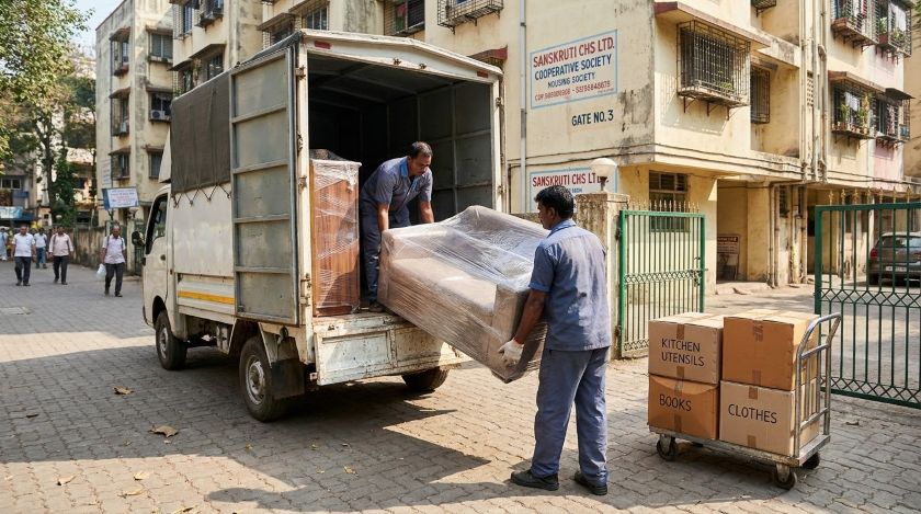 Professional packers and movers loading wrapped furniture and labelled boxes into a covered truck for Mumbai to Indore house shifting