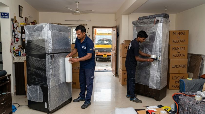 Trained movers carefully packing and wrapping household furniture and appliances with protective materials for long-distance Mumbai to Kolkata shifting