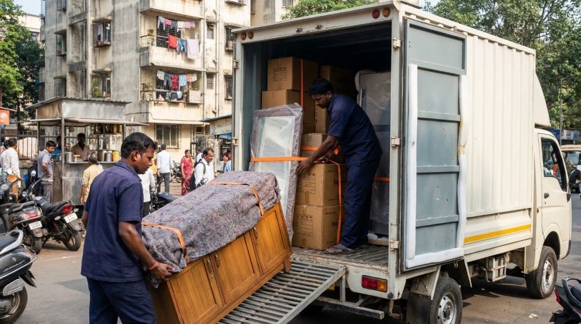 Movers loading a tempo truck with wrapped furniture and boxes outside a Mumbai apartment building for a Navi Mumbai shift