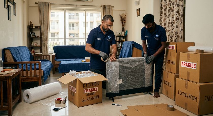 Professional packers and movers wrapping furniture and electronics for Mumbai to Noida household relocation