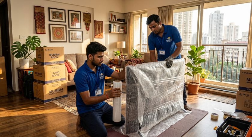 Professional packers and movers in blue uniforms carefully wrapping household items including furniture and appliances for Mumbai to Pune home shifting