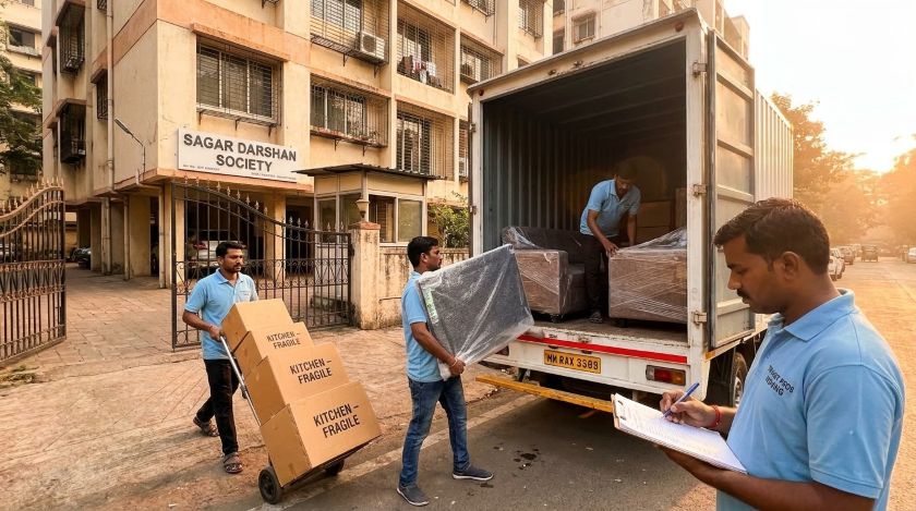 Packers and movers loading wrapped furniture and packed boxes into a covered truck for a Mumbai to Thane house shifting