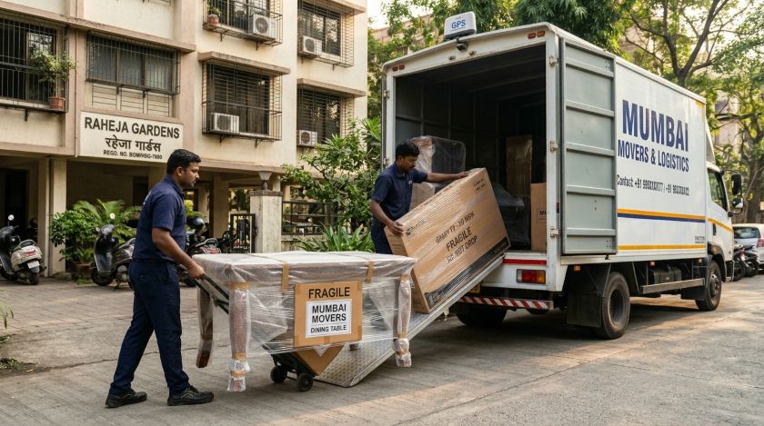 Experienced packers and movers carefully loading wrapped furniture and cartons into a moving truck outside a Mumbai apartment for Vadodara shifting